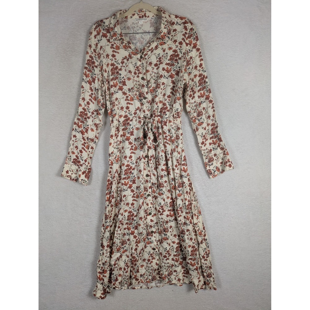 Downeast Shirt Dress Women's M Cream Rust Floral Long Sleeve Tie Waist Midi